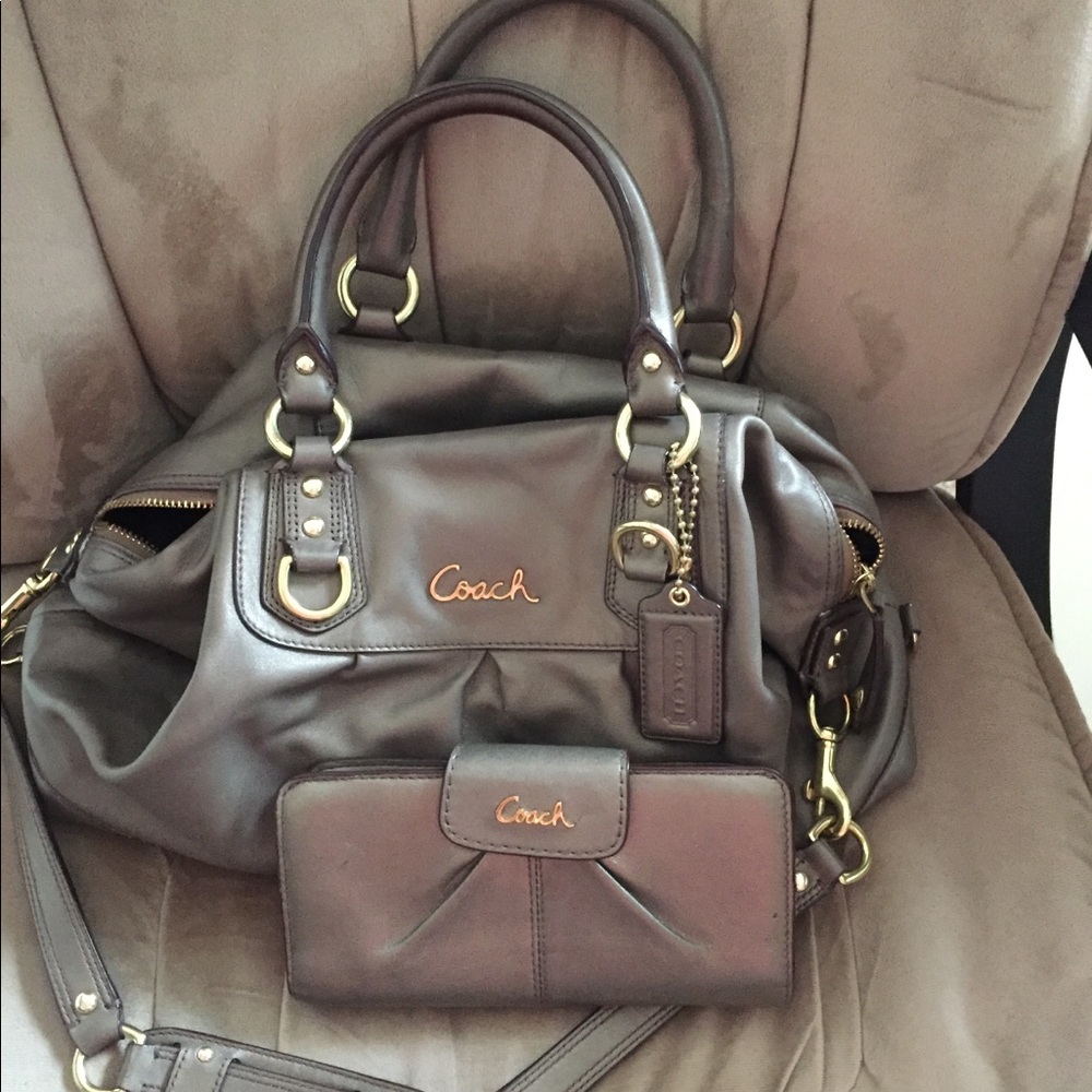 Leather coach handbag and matching wallet